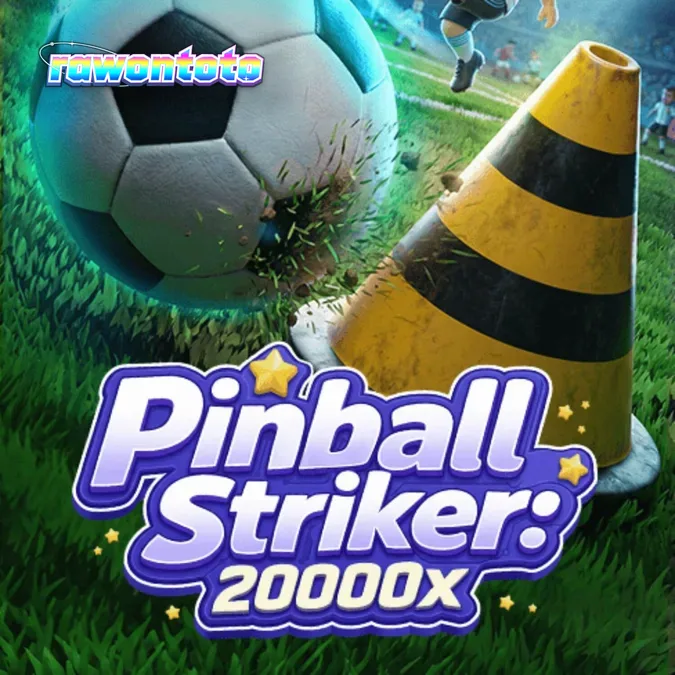 Tampilan layar permainan slot Pinball Striker 20,000x dengan tema stadion sepak bola neon